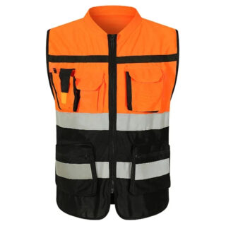 Gilet de sécurité orange et noir avec des bandes réfléchissantes grises