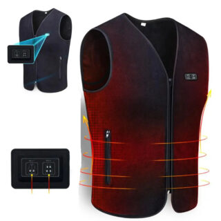 Gilet chauffant noir sans manche sur fond blanc.