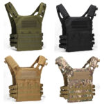 4 gilets tactiques, noir, kaki, camouflage, vert vues de face