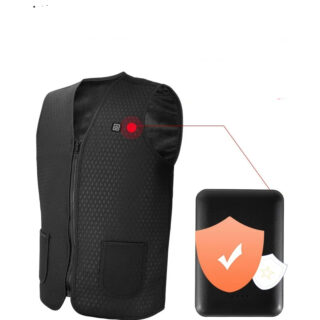 Gilet chauffant noir sans manche vu avec sa batterie sur fond blanc.