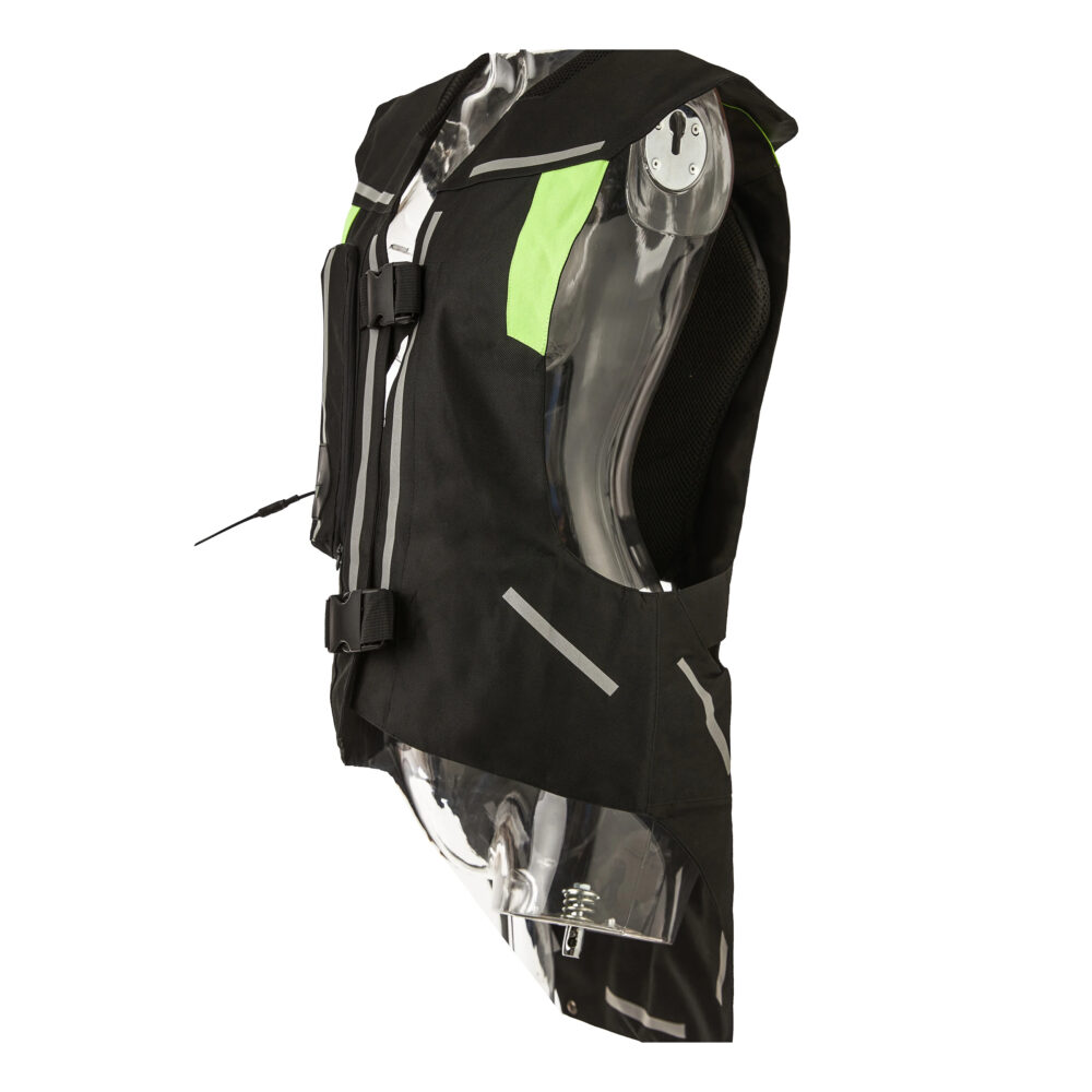 Gilet airbag moto noir et vert vue de profil