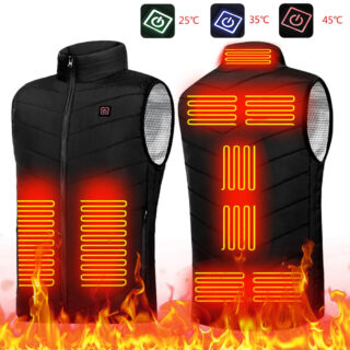 Gilet chauffant sans manche sur fond blanc vu de dos et de face.