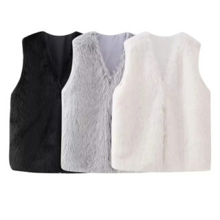 Gilets sans manche en fausse fourrure blanc, gris et noir