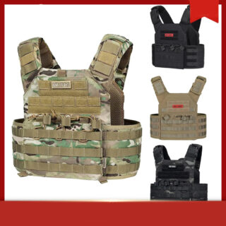 4 Gilets tactiles noir, camouflage, gris vues de face