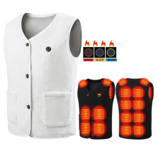 Gilet chauffant sans manche vu de face et de dos en blanc et en noir sur fond blanc.