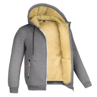 Sweat à capuche gris clair pour homme, avec un intérieur fourré.