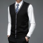 Gilet homme noir sans manche avec boutonnière. L'homme porte une chemise blanche et une cravate bleue