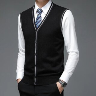 Gilet homme noir sans manche avec boutonnière. L'homme porte une chemise blanche et une cravate bleue