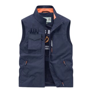 Gilet sans manche bleu sur fond blanc.