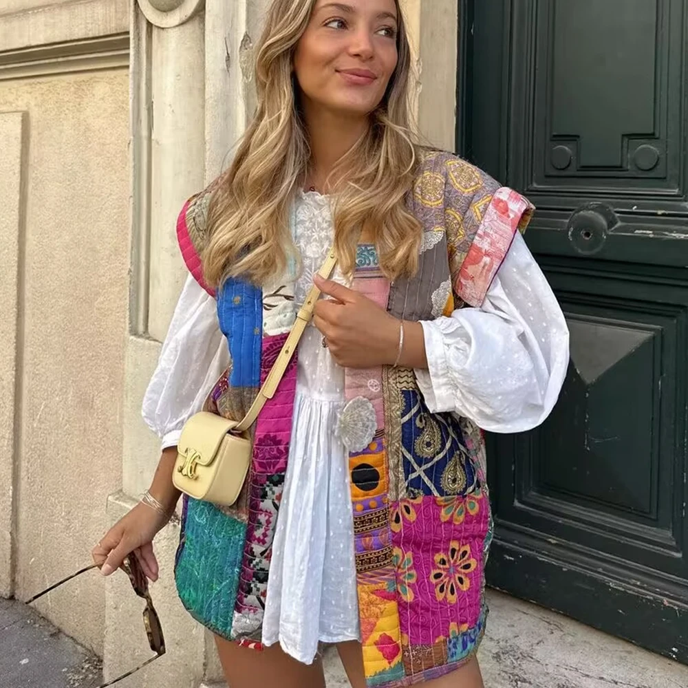 Gilet épais matelassé sans manches patchwork de couleurs pour femme