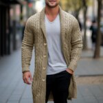 Homme portant un gilet mi-long beige et se trouvant dans la rue.