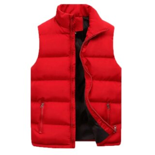 Gilet rouge sans manche et matelassé sur fond blanc.