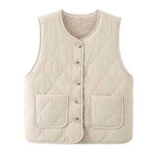 Gilet sans manches matelassé réversible beige à boutons et deux poches à l'avant pour femme