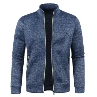 Photo d'un gilet zippé ouvert à col montant bleu marine sur fond blanc