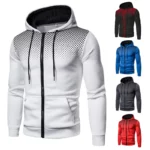 Photo d'un gilet à capuche blanc slim zippé fermé pour sport homme en premier plan puis 4 miniatures du même gilet dans d'autres couleurs