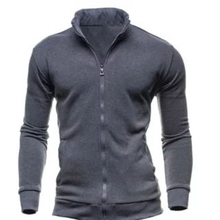 Photo montrant un gilet zippé fermé à col montant gris foncé slim fit sur fond blanc