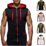 Photo d'un sportif portant un gilet à capuche zippé fermé noir et rouge sur la gauche de l'image et quatre miniatures de couleurs différentes sur la droite