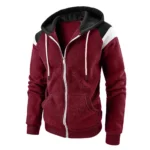 Photo d'un gilet sweat bordeaux à capuche noire et haut des manches blanc, zip et cordon de serrage blancs