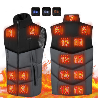 Gilet chauffant sans manche gris et noir sur fond blanc.