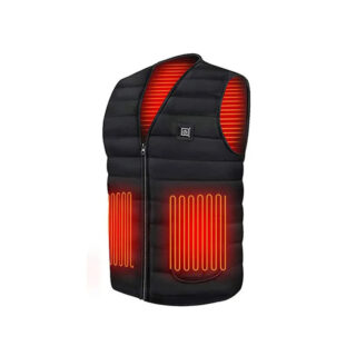 On voit un gilet chauffant noir avec les zones chauffantes en surbrillance.