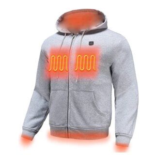 On voit un gilet zippé type sweat shirt gris, chauffant, avec les zones chauffantes en surbrillance.