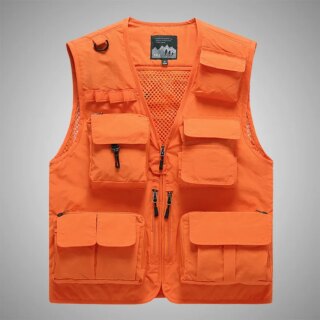 Gilet sans manche orange, multiple poches, vue de face