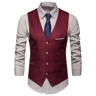 Gilet de costume rouge col en V fermé sur fond blanc