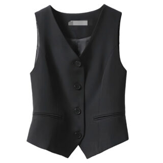 on voit sur un fond blanc un gilet de costume noir classique pour femme