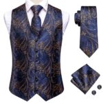 on voit sur un fond blanc, un gilet de costume vintage bleu pour homme avec ses accessoires assortis