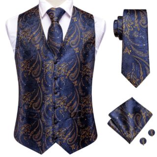 on voit sur un fond blanc, un gilet de costume vintage bleu pour homme avec ses accessoires assortis