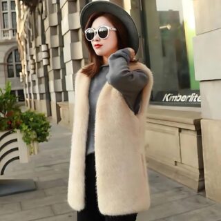 on voit une femme brune dans la rue portant un gilet mi-long sans manches en fausse fourrure pour femme de couleur beige