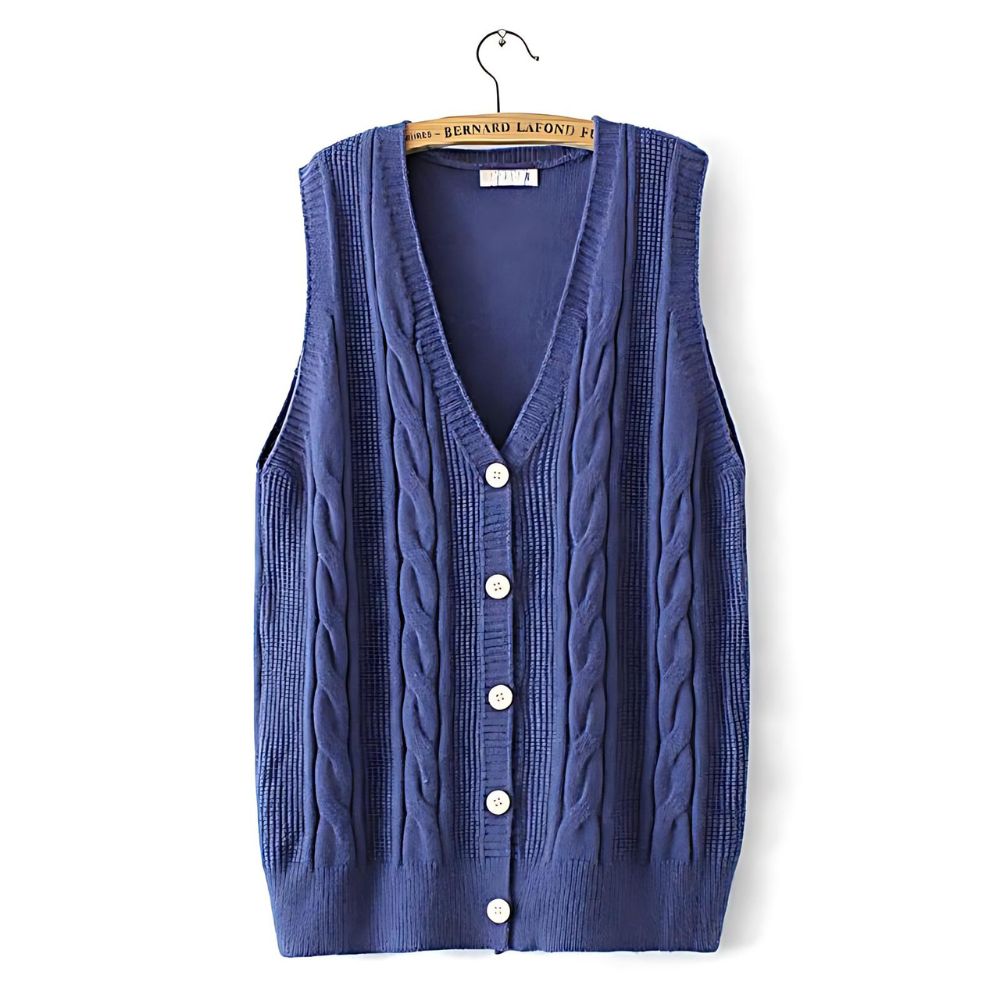 Produits on voit sur un fond blanc un gilet sans manches en tricot pour femme de couleur bleu