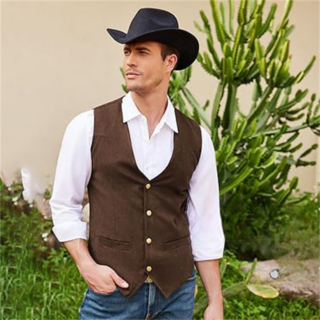 Un homme portant un gilet de costume marron dans un jardin