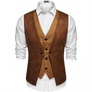 Un gilet de costume marron à manches courtes sur fond blanc