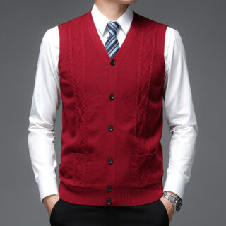 Un homme portant un gilet sans manche rouge à col en V style cardigan