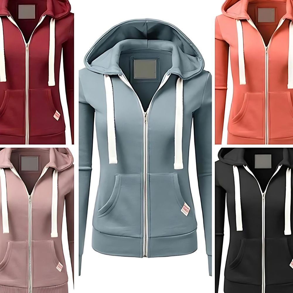 on voit sur un fond blanc plusieurs gilets sweats zippés colorés pour femme ils sont de couleurs différentes