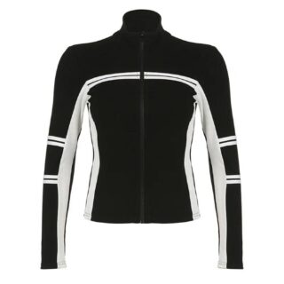 on voit sur un fond blanc un gilet fin zippé noir et blanc pour femme