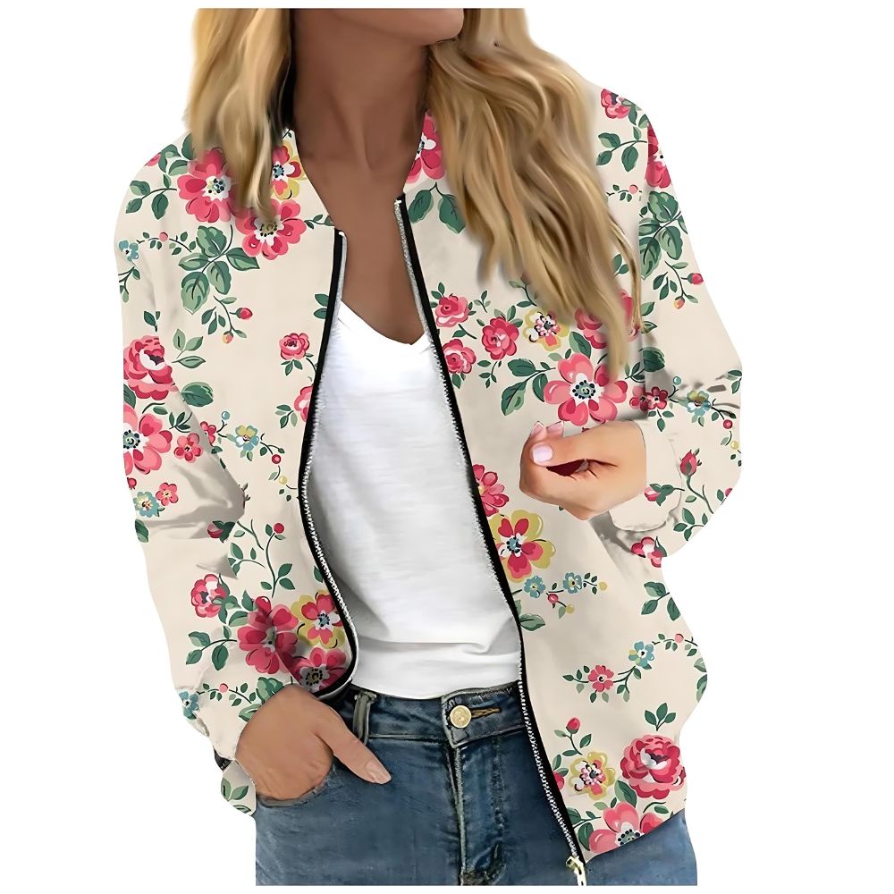 on voit une femme portant un gilet zippé léger à imprimé floral dans les tons rose et beige pour femme
