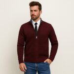Homme portant un gilet zippé col montant doublé chaud en maille chinée couleur bordeaux, par dessus une chemise et un e cravate.